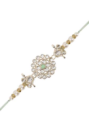 designer kundan pearl rakhi with roli chawal & rakshabandhan card for brother