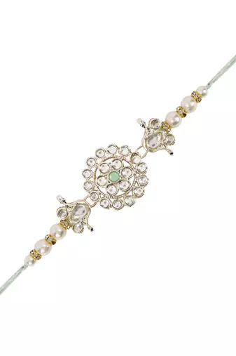 designer kundan pearl rakhi with roli chawal & rakshabandhan card for brother