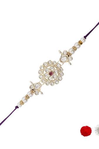 designer kundan pearl rakhi with roli chawal & rakshabandhan card for brother