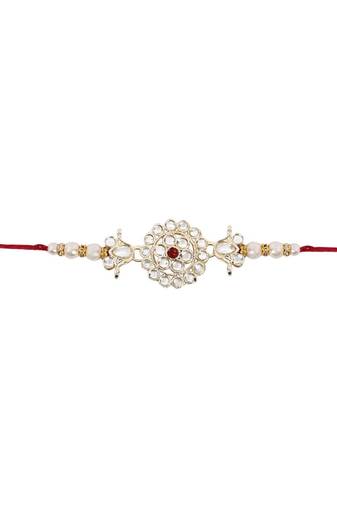 designer kundan pearl rakhi with roli chawal & rakshabandhan card for brother