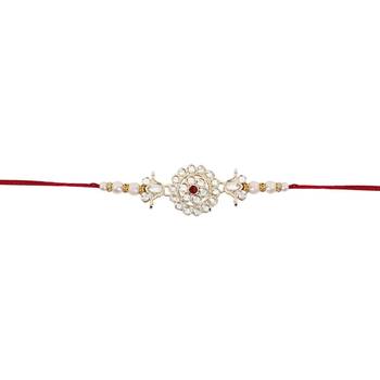 designer kundan pearl rakhi with roli chawal & rakshabandhan card for brother 1