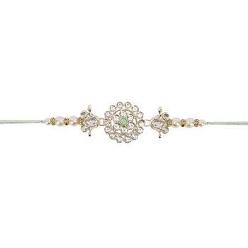 designer kundan pearl rakhi with roli chawal & rakshabandhan card for brother 2