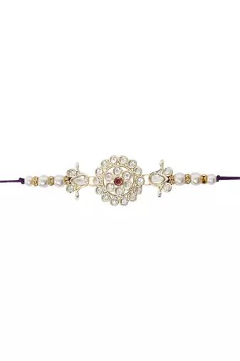 designer kundan pearl rakhi with roli chawal & rakshabandhan card for brother