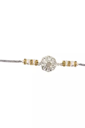 designer kundan pearl bhaiya rakhi with roli chawal & rakshabandhan card for brother