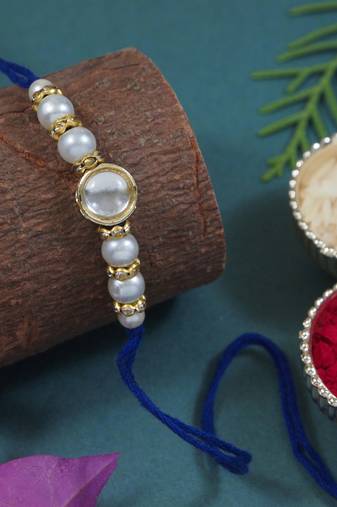 designer kundan pearl rakhi with roli chawal & rakshabandhan card for brother