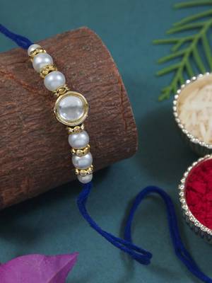 designer kundan pearl rakhi with roli chawal & rakshabandhan card for brother 1