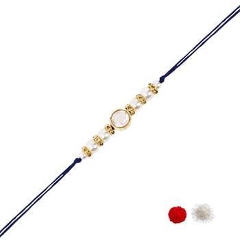 designer kundan pearl rakhi with roli chawal & rakshabandhan card for brother 2