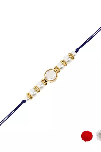 designer kundan pearl rakhi with roli chawal & rakshabandhan card for brother