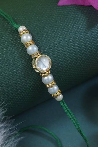 designer kundan pearl rakhi with roli chawal & rakshabandhan card for brother