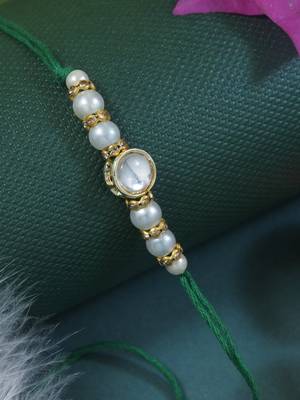 designer kundan pearl rakhi with roli chawal & rakshabandhan card for brother 1