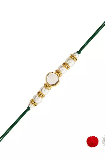 designer kundan pearl rakhi with roli chawal & rakshabandhan card for brother