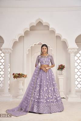 Women's Light Purple Butterfly Net White Cotton Thread And Zari Sequence Embroidered Work Lehenga Choli For Party Wear 1
