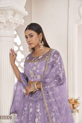 Women's Light Purple Butterfly Net White Cotton Thread And Zari Sequence Embroidered Work Lehenga Choli For Party Wear 2