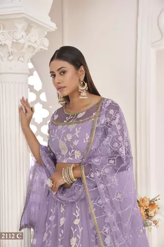 Women's Light Purple Butterfly Net White Cotton Thread And Zari Sequence Embroidered Work Lehenga Choli For Party Wear