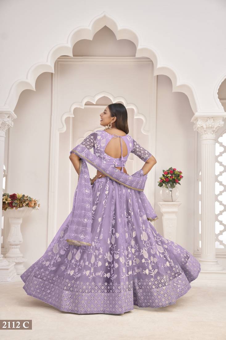 Women's Light Purple Butterfly Net White Cotton Thread And Zari Sequence Embroidered Work Lehenga Choli For Party Wear