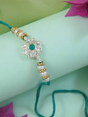 designer kundan pearl rakhi with roli chawal & rakshabandhan card for brother 1