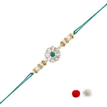 designer kundan pearl rakhi with roli chawal & rakshabandhan card for brother 2