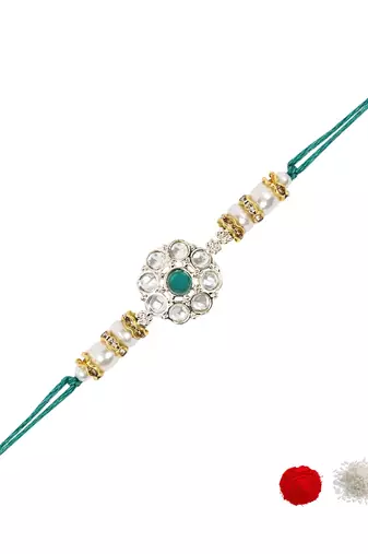 designer kundan pearl rakhi with roli chawal & rakshabandhan card for brother