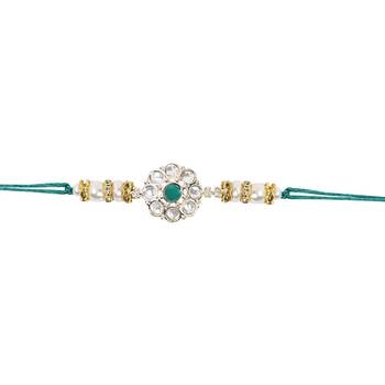 designer kundan pearl rakhi with roli chawal & rakshabandhan card for brother 3