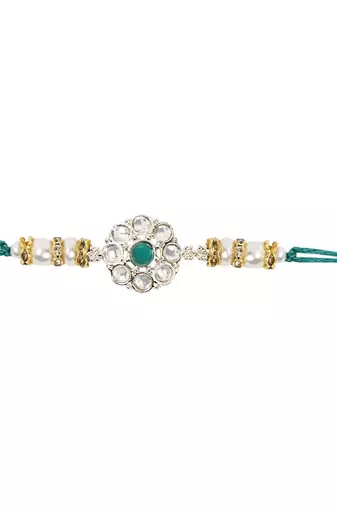 designer kundan pearl rakhi with roli chawal & rakshabandhan card for brother