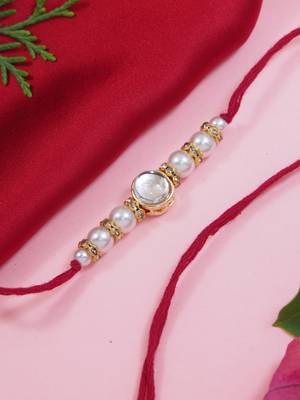 designer kundan pearl rakhi with roli chawal & rakshabandhan card for brother 1