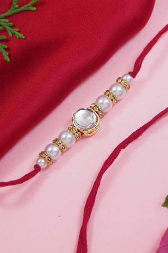designer kundan pearl rakhi with roli chawal & rakshabandhan card for brother