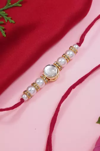 designer kundan pearl rakhi with roli chawal & rakshabandhan card for brother