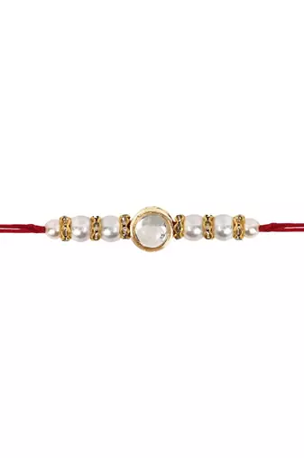 designer kundan pearl rakhi with roli chawal & rakshabandhan card for brother