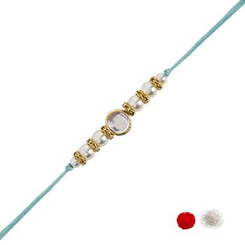 designer kundan pearl rakhi with roli chawal & rakshabandhan card for brother 2