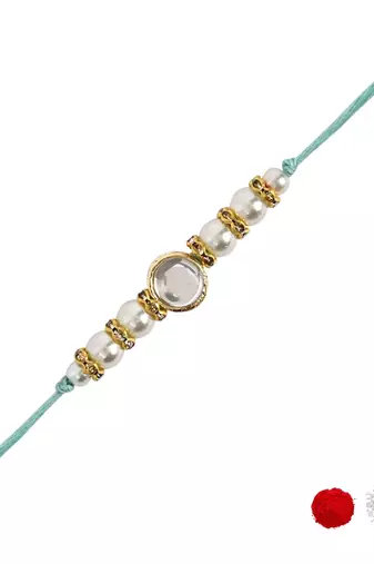 designer kundan pearl rakhi with roli chawal & rakshabandhan card for brother