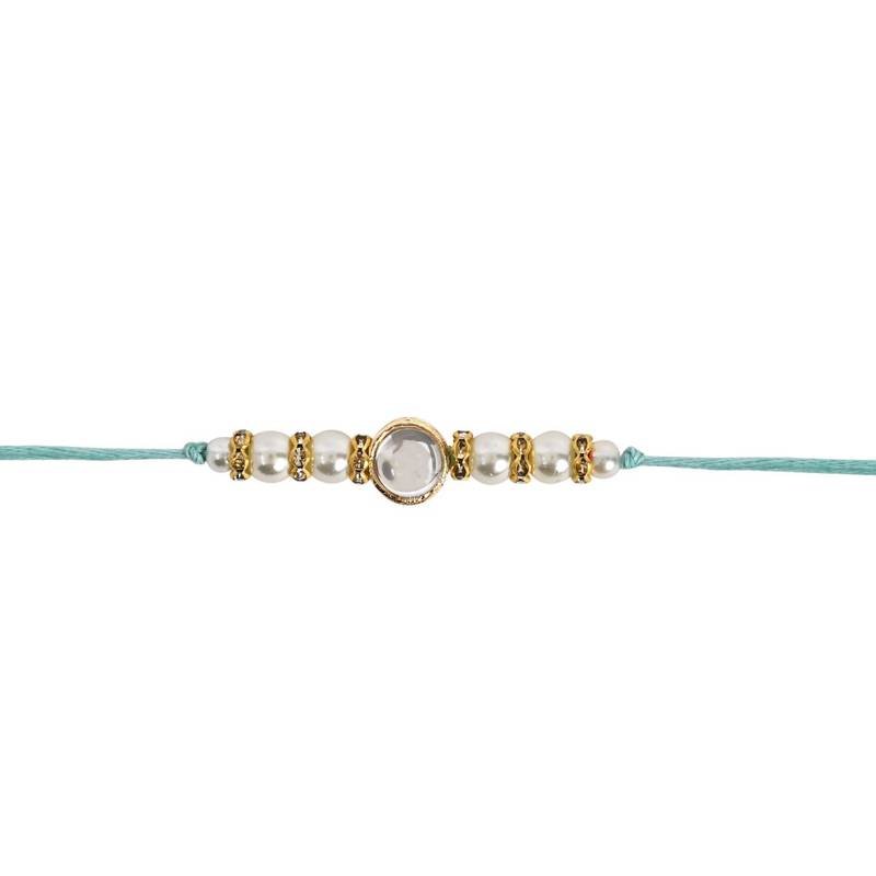 designer kundan pearl rakhi with roli chawal & rakshabandhan card for brother