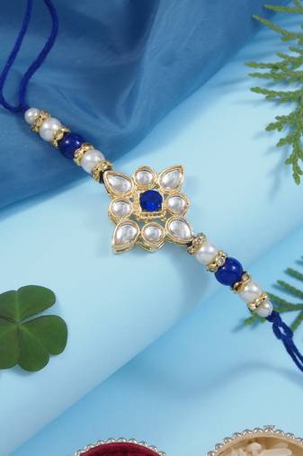 designer kundan pearl rakhi with roli chawal & rakshabandhan card for brother