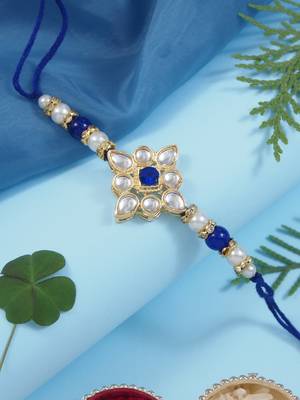 designer kundan pearl rakhi with roli chawal & rakshabandhan card for brother 1
