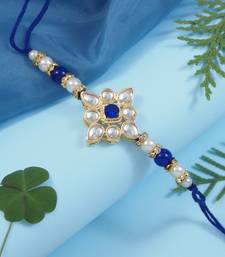 designer kundan pearl rakhi with roli chawal & rakshabandhan card for brother