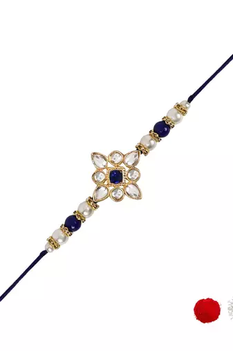 designer kundan pearl rakhi with roli chawal & rakshabandhan card for brother