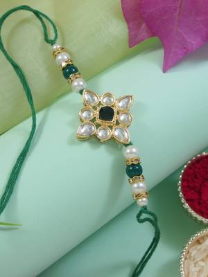 designer kundan pearl rakhi with roli chawal & rakshabandhan card for brother/bro/bhai/men  1