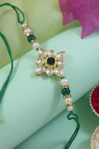designer kundan pearl rakhi with roli chawal & rakshabandhan card for brother/bro/bhai/men 