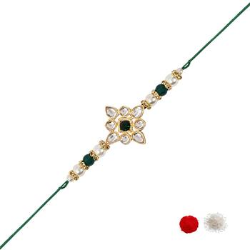 designer kundan pearl rakhi with roli chawal & rakshabandhan card for brother/bro/bhai/men  2