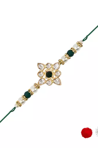 designer kundan pearl rakhi with roli chawal & rakshabandhan card for brother/bro/bhai/men 