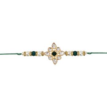 designer kundan pearl rakhi with roli chawal & rakshabandhan card for brother/bro/bhai/men  3