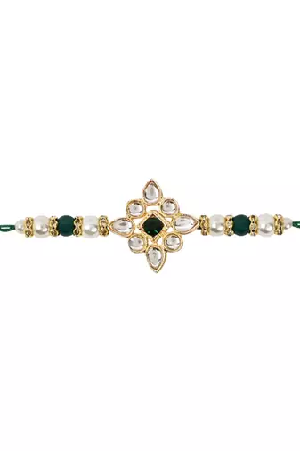 designer kundan pearl rakhi with roli chawal & rakshabandhan card for brother/bro/bhai/men 