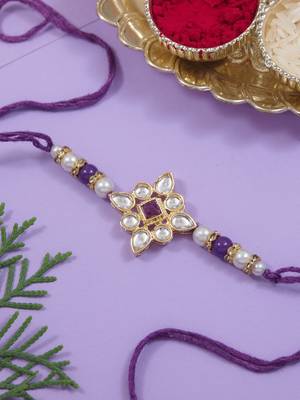 designer kundan pearl rakhi with roli chawal & rakshabandhan card for brother 1