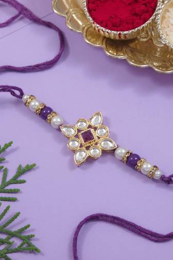 designer kundan pearl rakhi with roli chawal & rakshabandhan card for brother