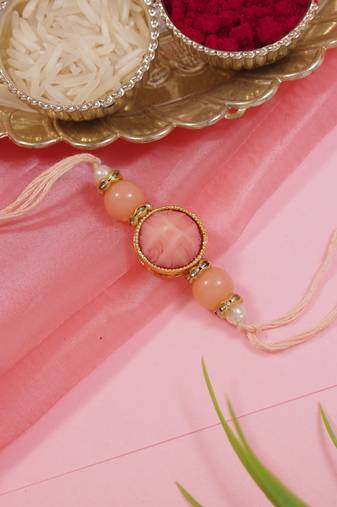 designer pearl beaded bhaiya rakhi with roli chawal & rakshabandhan card for brother