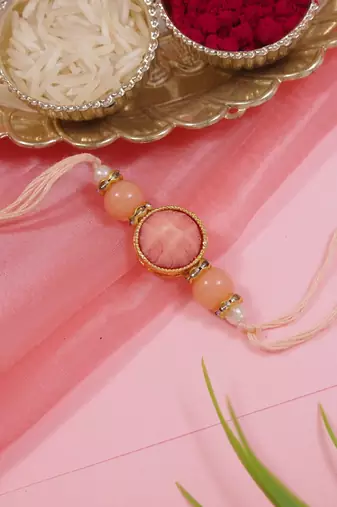 designer pearl beaded bhaiya rakhi with roli chawal & rakshabandhan card for brother