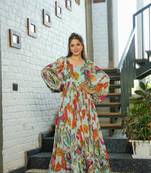 Women's designer Balloon sleeve chinnon kurta gown