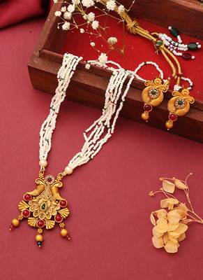 Classic Gold Plated Long Pearl Necklace Set 2