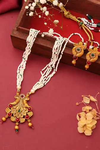 Classic Gold Plated Long Pearl Necklace Set