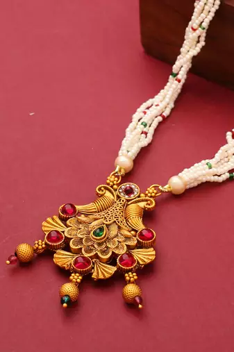 Classic Gold Plated Long Pearl Necklace Set