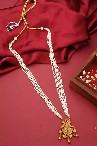 Classic Gold Plated Long Pearl Necklace Set